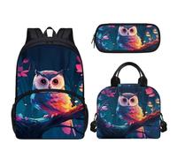 Tomeusey 3 zaini per bambini 3 in 1, grande capacità, con borsa termica per il pranzo e matite, per scuola e asilo nido, Simpatico gufo.
