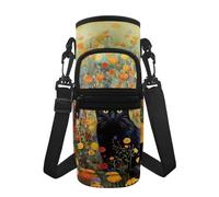 Tomeusey Borsa per bottiglia d'acqua con spallacci regolabili, porta bottiglia d'acqua con tasca frontale, accessori per bottiglie d'acqua per uomini e donne, Gatto nero floreale, moderno