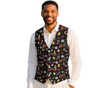 Tomeusey Gilet da uomo formale per feste festive, gilet con scollo a V, senza maniche, vestibilità aderente, con tasche, S-4XL, Jingle Bell Candy Cane, XXL