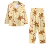 Tomeusey Pigiama da donna con bottoni, morbido, a maniche lunghe, 2 pezzi, con tasche, XS-4XL, Pan di zenzero di Natale, M