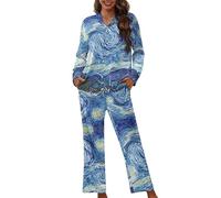 Tomeusey Pigiama da donna, set da 2 pezzi, con bottoni, abbigliamento casual per la casa, camicia e pantaloni lunghi, S-4XL, Notte stellata di Van Gogh, L