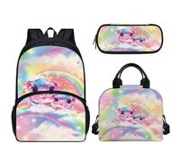 Tomeusey Set di 3 zaini per la scuola, casual, per la scuola elementare, con borsa termica per il pranzo, astuccio, zaino quotidiano per ragazzi e ragazze, Maiale arcobaleno