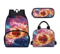 Tomeusey Set di 3 zaini per la scuola, con borsa termica per il pranzo, astuccio per matite e libri, per adolescenti, ragazze e ragazzi, con gradiente per studenti della scuola elementare, Fiamma