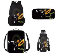 Tomeusey Set di 4 zaini per la scuola per bambini e adolescenti, con portapranzo a tenuta stagna, borsa termica per matite, custodia per bottiglia d'acqua, Girasole Gatto Nero