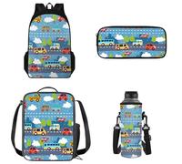 Tomeusey Set di 4 zaini per la scuola per bambini e adolescenti, con portapranzo a tenuta stagna, borsa termica per matite, custodia per bottiglia d'acqua, Macchina dei cartoni animati.