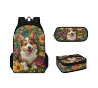 Tomeusey Set di zaini per bambini per ragazzi e ragazze 17 pollici borsa per la scuola con borsa per il pranzo a tenuta stagna astuccio 3 in 1 set, Fiore Corgi