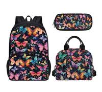 Tomeusey Set di zaino e portapranzo per bambini e adolescenti, 3 pezzi, grande capacità, con borsa per il pranzo e astuccio abbinato, a tenuta stagna, Farfalla colorata.