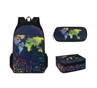 Tomeusey Set di zaino scolastico di grande capacità e borsa termica per il pranzo, zaino per studenti, astuccio per ragazzi e ragazze, Mappa del mondo.