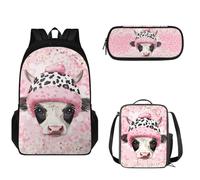 Tomeusey Set di zaino scolastico per ragazzi e ragazze, zaino leggero con doppia cerniera per bambini, grande borsa per la scuola con borsa per il pranzo a tenuta stagna e astuccio 3 in 1, Mucca in
