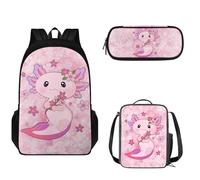 Tomeusey Set di zaino scolastico per ragazzi e ragazze, zaino leggero con doppia cerniera per bambini, grande borsa per la scuola con borsa per il pranzo a tenuta stagna e astuccio 3 in 1, Axolotl ai