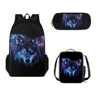 Tomeusey Set di zaino scolastico per ragazzi e ragazze, zaino leggero con doppia cerniera per bambini, grande borsa per la scuola con borsa per il pranzo a tenuta stagna e astuccio 3 in 1, Galaxy Wolf