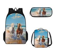 Tomeusey Set di zaino scolastico per ragazzi e ragazze, zaino leggero con doppia cerniera per bambini, grande borsa per la scuola con borsa per il pranzo a tenuta stagna e astuccio 3 in 1, Cavallo al