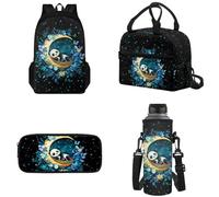 Tomeusey Set zaino con doppia cerniera, zaino per la scuola con scatola per il pranzo a tenuta stagna astuccio per bottiglia d'acqua, Panda Luna Floreale, Personalizzabile