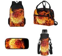 Tomeusey Zaino grande per la scuola, 4 pezzi, borsa leggera per libri scolastici con borsa termica per il pranzo, astuccio per matite e bottiglia d'acqua, Fiamma Basket
