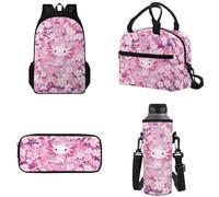 Tomeusey Zaino grande per la scuola, 4 pezzi, borsa leggera per libri scolastici con borsa termica per il pranzo, astuccio per matite e bottiglia d'acqua, Axolotl ai fiori di ciliegio