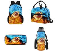Tomeusey Zaino grande per la scuola, 4 pezzi, borsa leggera per libri scolastici con borsa termica per il pranzo, astuccio per matite e bottiglia d'acqua, Fiamma di football americano