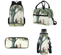 Tomeusey Zaino grande per la scuola, 4 pezzi, borsa leggera per libri scolastici con borsa termica per il pranzo, astuccio per matite e bottiglia d'acqua, Ragazza e Gatto