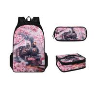 Tomeusey Zaino per la scuola per bambini con borsa termica per il pranzo e astuccio portapenne, set da 3 pezzi, borsa leggera per laptop, Treno Cherry Blossom