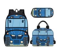 Tomeusey Zaino per la scuola per bambini, set da 3 pezzi, per adolescenti, ragazze, ragazzi, studenti elementari, casual, con scatola per il pranzo riutilizzabile e astuccio per matite, Macchina blu.