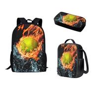Tomeusey Zaino per la scuola per ragazze e ragazzi, borsa a doppia spalla per le scuole medie ragazze ragazzi con scatola termica per il pranzo e astuccio, Bandiera americana Football Fire