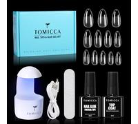 TOMICCA Nail Tips and Glue Gel Kit Nail Extension Set Top Coat e 6 in 1 colla per unghie finte, 240 pezzi medio mandorla Soft Gel Full Cover Nail Tips Mini lampada UV per unghie