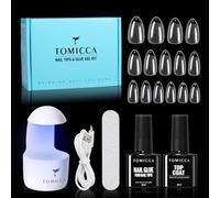 TOMICCA Nail Tips and Glue Gel Kit Nail Extension Set Top Coat e 6 in 1 colla per unghie finte, 240 pezzi Corto Almond Soft Gel Full Cover Nail Tips Mini lampada UV per unghie