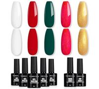 TOMICCA Set di 5 smalti UV in gel con base & no wipe top coat, rosso bianco glitter verde oro smalto Soak-Off UV/LED, kit iniziale regalo salone unghie francese, 7 x 8 ml