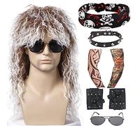 TOMIGO 7 Pezzi 70s 80s Mullet Metal Rocker Costume Set Marrone Misto Riccio Vintage Hippie Rocker Star Parrucca per donne/uomini Halloween Carnevale