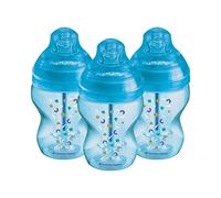 Tommee Tippee Biberon anti-coliche avanzate, 260 ml, tettarella a flusso lento simile al seno per un fermo naturale, bacchetta anti-colica tripla ventilazione, confezione da 3, blu
