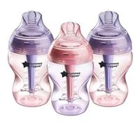 Tommee Tippee Biberon anti-coliche avanzate, 260 ml, tettarella a flusso lento simile al seno per un fermo naturale, bacchetta anti-colica tripla ventilazione, confezione da 3, viola/rosa