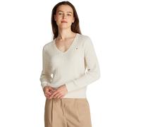 Tommy Hilfiger Donna Pullover Cable Fine con Scollo a V, Beige (Heather Ivory Petal), XL