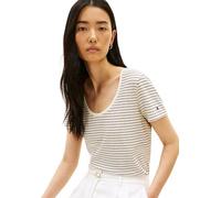 Tommy Hilfiger Donna T-Shirt Maniche Corte Linen Scoop con Scollo Rotondo, Bianco (Small BRT STP Calico/Black), XS