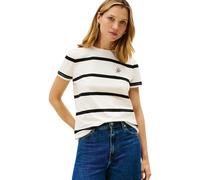 Tommy Hilfiger Maglietta da Donna TH Script Reg C-NK SS Tee WW0WW47809 S/S, Beige (Calico/Nero STP), S, Beige (Calico/Nero STP), S