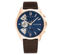 Tommy Hilfiger Orologio Analogico Multifunzione al Quarzo da Uomo con Cinturino in Pelle Marrone - 1710645