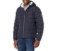 Tommy Hilfiger, Piumino da uomo impermeabile, di peso medio, con cappuccio foderato in pile Sherpa, Small