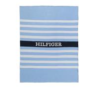 Tommy Hilfiger - Plaid, oxford, celeste, maglia, 100% cotone biologico, righe e logo HILFIGER, grafico e iconico, 130x170 cm