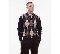 Tommy Hilfiger - Polo a maniche lunghe stile rugby con motivo a losanghe blu navy e marrone 46