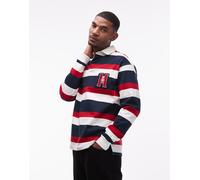 Tommy Hilfiger - Polo stile rugby blu navy, rosso e crema a righe con logo a stemma sul petto 48