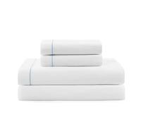 Tommy Hilfiger - Sheet Set, Cotton Percale Bedding with Matching Pillowcase, Crisp & Cool, Solid Design with Hem Stripe (White/Blue, Twin)