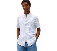 Tommy Hilfiger Uomo Camicia Linen Blend MAO con Colletto Grandad, Multicolore (Breezy Blue/White), XS