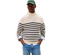Tommy Hilfiger Uomo Pullover Breton Cotton Stripe con Collo a Lupetto, Multicolore (Oatmilk Htr/Desert Sky), M