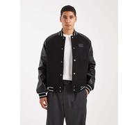 Tommy Jeans - Giacca nera stile college con maniche in pelle e logo a bandiera-Nero 52