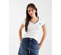 Tommy Jeans - T-shirt slim con scollo a V bianca con stemma del logo-Bianco L