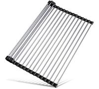 Tomorotec Scolapiatti arrotolabile sopra il lavello, accessorio per lavello da cucina, gadget multiuso, pieghevole, in acciaio inox, 45 x 40 cm, colore: nero