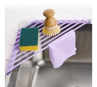Tomorotec Scolapiatti compatto triangolare rivestito in silicone per angolo lavello, organizer pieghevole in acciaio inox da mettere sopra il lavandino e ripiano portaoggetti (viola chiaro)