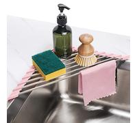 Tomorotec Scolapiatti pieghevole triangolare, piccolo scolapiatti arrotolabile in acciaio inox sopra il lavello per angolo del lavello della cucina, organizer multiuso antiruggine (rosa)