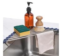 Tomorotec Scolapiatti triangolare arrotolabile per lavello ad angolo, piccolo, pieghevole, in acciaio inox, multiuso, da cucina, organizer salvaspazio (blu scuro)