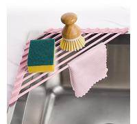 Tomorotec Scolapiatti triangolare compatto, con rivestimento in silicone, per angolo del lavandino, soluzione organizzativa pieghevole in acciaio inox e ripiano portaoggetti, di colore rosa