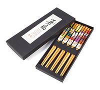 Tomotato Bacchette in Bambù Stile Giapponese, Set 5 Paia con Design Maid e Intaglio Antiscivolo, Materiale Legno e Lucidato, Trattamento ad Alta Temperatura, per Famiglia o