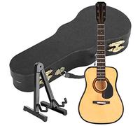 Tomotato Mini Chitarra Legno con Supporto e Custodia, Modello Strumento Musicale in Miniatura 7,5x20cm per Decorazione Casa delle Bambole, Scrivania, Libreria o Vetrina